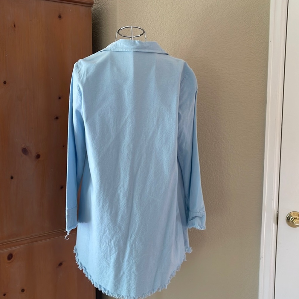 Chambray Denim Long Sleeve Shirt Dress. Unfinished raw hem - Picture 2 of 2